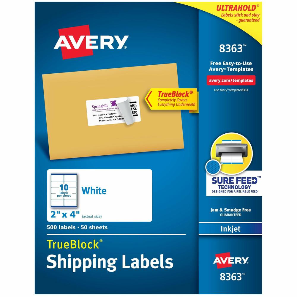 Avery&reg; TrueBlock&reg; Shipping Labels, Sure Feed&reg; Technology, Permanent Adhesive, 2" x 4" , 500 Labels (8363) - Avery&reg; Shipping Labels, Sure Feed&reg;, 2" x 4" , 500 Labels (8363)