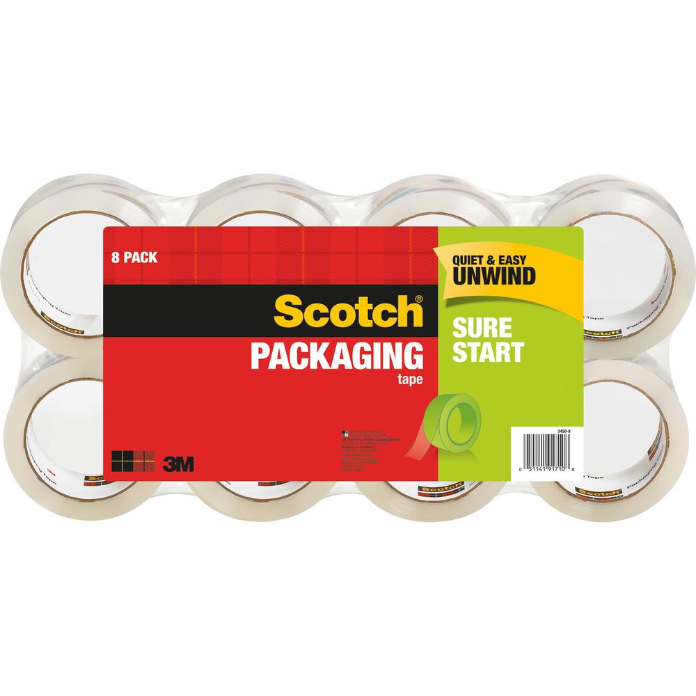 Scotch Sure Start Packaging Tape - 54.60 yd Length x 1.88" Width - 2.6 mil Thickness - 3" Core - Synthetic Rubber Resin - For Mailing, Moving, Sealing, Packing - 8 / Pack - Clear