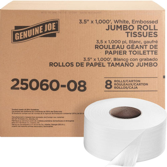 Genuine Joe Jumbo Dispenser Roll Bath Tissue - 2 Ply - 3.50" x 1000 ft - 9" Roll Diameter - 3.30" Core - White - Nonperforated, Fragrance-free, Embossed, Unscented - For Restroom, Washroom, Toilet - 8