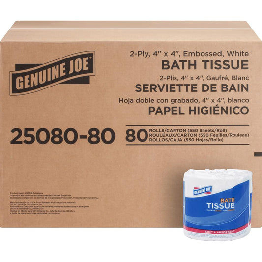 Genuine Joe Embossed Roll Bath Tissue - 2 Ply - 4" x 4" - 550 Sheets/Roll - 1.63" Core - White - Soft, Absorbent, Perforated - For Restroom - 80 / Carton