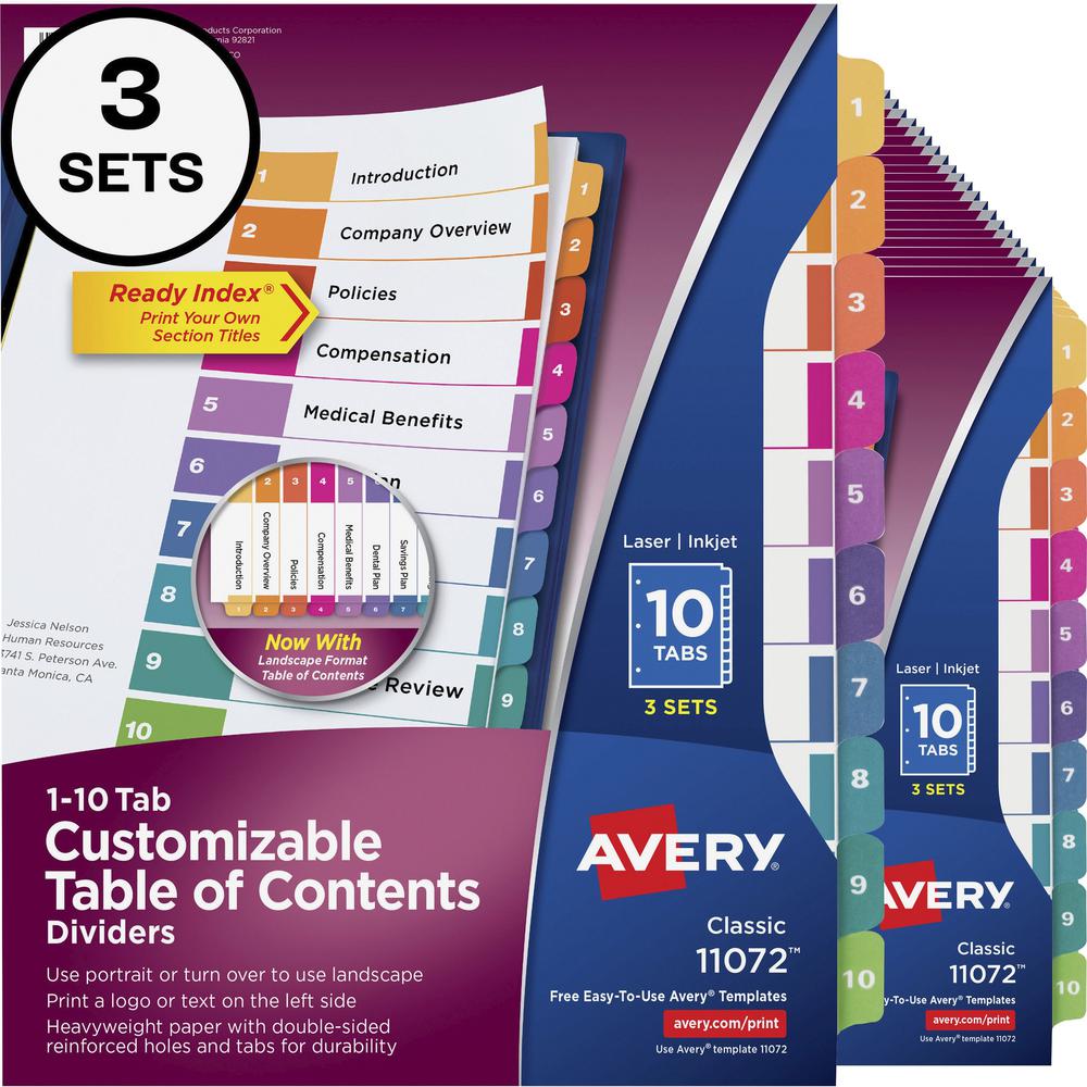 Avery&reg; Customizable Table of Contents Dividers, Ready Index(R) Printable Section Titles, Preprinted 1-10 Multicolor Tabs, 3 Sets (11072) - 30 x Divider(s) - 1-10 - 10 Tab(s)/Set - 8.5" Divider Wid