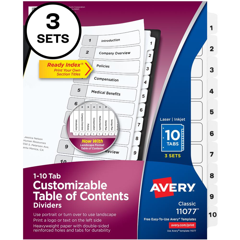 Avery&reg; Ready Index Classic Tab Binder Dividers - 360 x Divider(s) - 360 Tab(s) - 1-10 - 10 Tab(s)/Set - 8.5" Divider Width x 11" Divider Length - 3 Hole Punched - White Paper Divider - White Paper