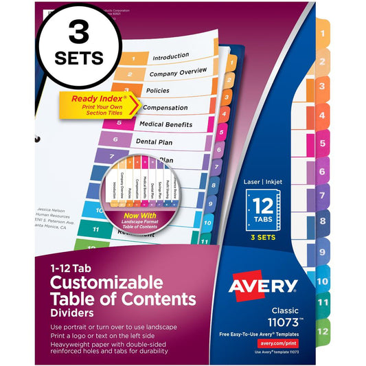 Avery&reg; Customizable Table of Contents Dividers, Ready Index(R) Printable Section Titles, Preprinted 1-12 Multicolor Tabs, 3 Sets (11073) - 36 x Divider(s) - 1-12 - 12 Tab(s)/Set - 8.5" Divider Wid