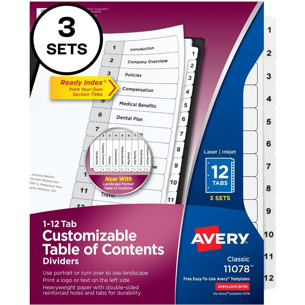 Avery&reg; Ready Index Classic Tab Binder Dividers - 288 x Divider(s) - 288 Tab(s) - 1-12 - 12 Tab(s)/Set - 8.5" Divider Width x 11" Divider Length - 3 Hole Punched - White Paper Divider - White Paper