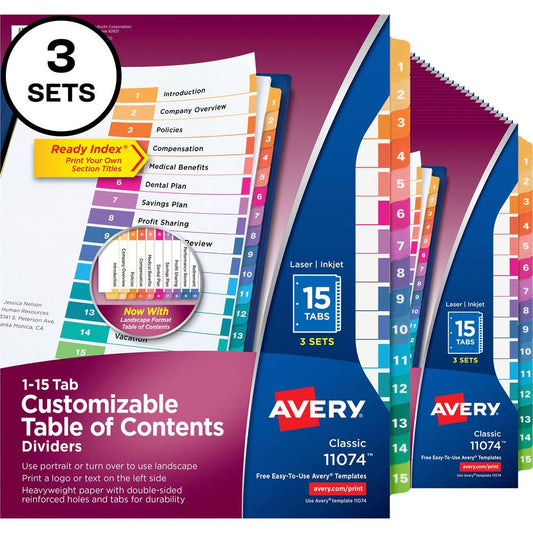 Avery&reg; Customizable Table of Contents Dividers, Ready Index(R) Printable Section Titles, Preprinted 1-15 Multicolor Tabs, 3 Sets (11074) - 45 x Divider(s) - 1-15 - 15 Tab(s)/Set - 8.5" Divider Wid