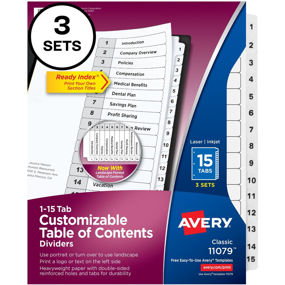 Avery&reg; Ready Index Classic Tab Binder Dividers - 360 x Divider(s) - 360 Tab(s) - 1-15 - 15 Tab(s)/Set - 8.5" Divider Width x 11" Divider Length - 3 Hole Punched - White Paper Divider - White Paper