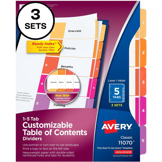 Avery&reg; Customizable Table of Contents Dividers, Ready Index(R) Printable Section Titles, Preprinted 1-5 Multicolor Tabs, 3 Sets (11070) - 15 x Divider(s) - 1-5 - 5 Tab(s)/Set - 8.5" Divider Width