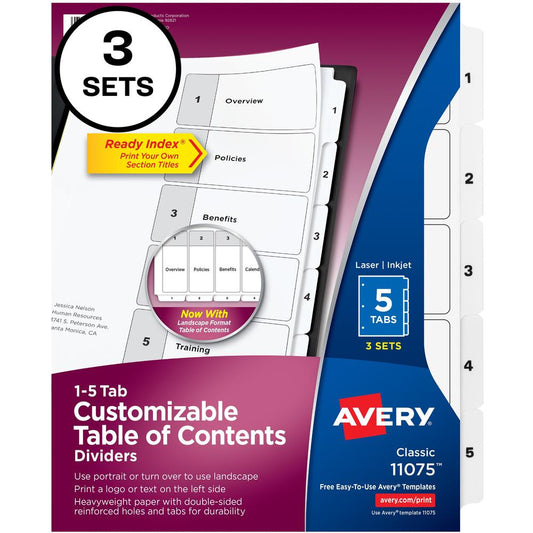 Avery&reg; Ready Index Classic Tab Binder Dividers - 180 x Divider(s) - 180 Tab(s) - 1-5 - 5 Tab(s)/Set - 8.5" Divider Width x 11" Divider Length - 3 Hole Punched - White Paper Divider - White Paper T