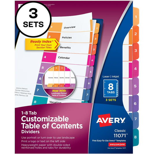 Avery&reg; Customizable Table of Contents Dividers, Ready Index(R) Printable Section Titles, Preprinted 1-8 Multicolor Tabs, 3 Sets (11071) - 24 x Divider(s) - 1-8 - 8 Tab(s)/Set - 8.5" Divider Width