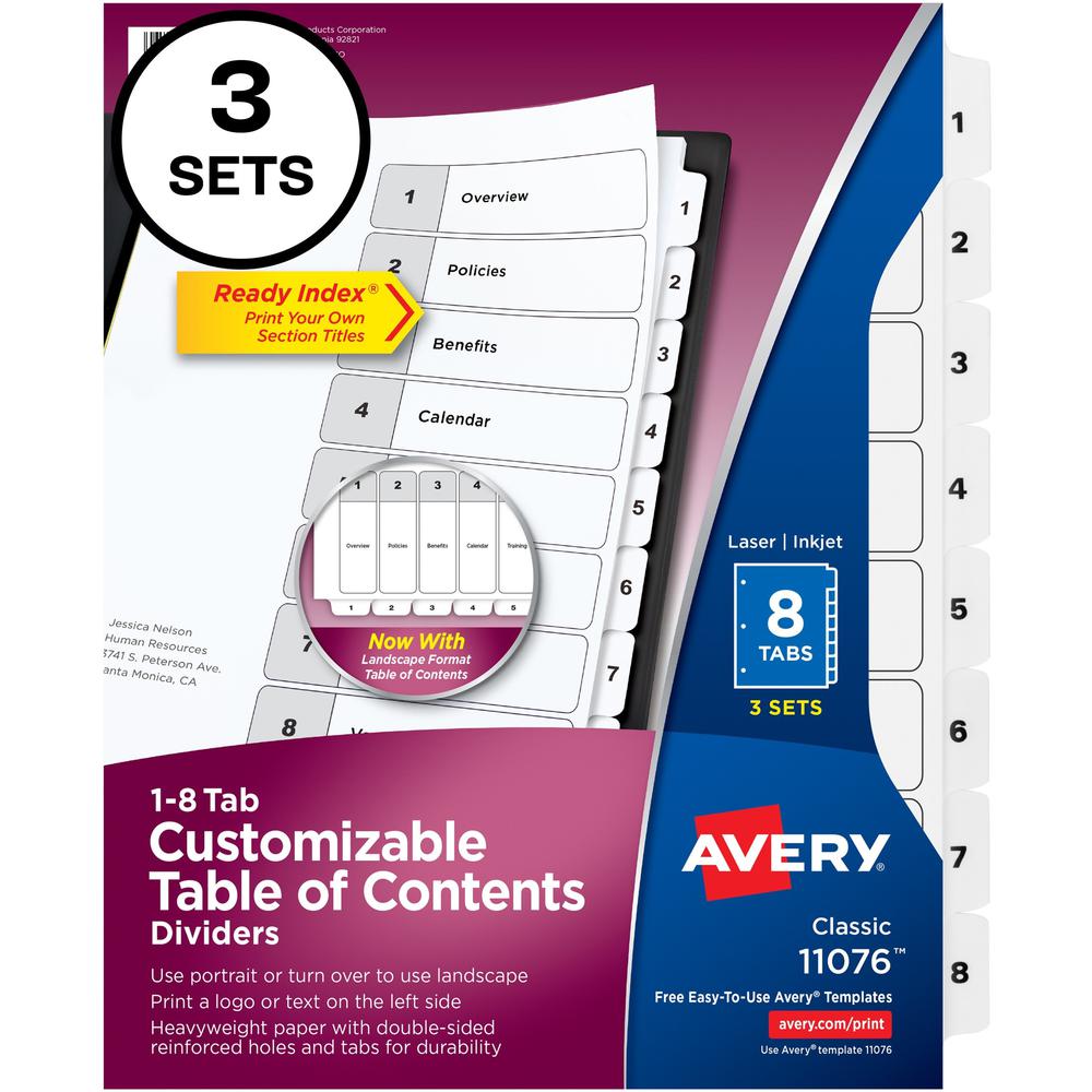 Avery&reg; Ready Index Classic Tab Binder Dividers - 288 x Divider(s) - 288 Tab(s) - 1-8 - 8 Tab(s)/Set - 8.5" Divider Width x 11" Divider Length - 3 Hole Punched - White Paper Divider - White Paper T