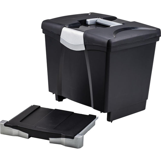 Storex Portable file Box with Drawer - External Dimensions: 11.5" Width x 14.3" Depth x 13" Height - Latch Lock Closure - Plastic - Black - For Document, Pen/Pencil, File, Letter - Recycled - 1 / Cart