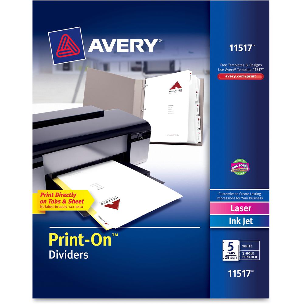 Avery&reg; Customizable Print-On Dividers - 125 x Divider(s) - Print-on Tab(s) - 5 - 5 Tab(s)/Set - 8.5" Divider Width x 11" Divider Length - 3 Hole Punched - White Paper Divider - White Paper Tab(s)