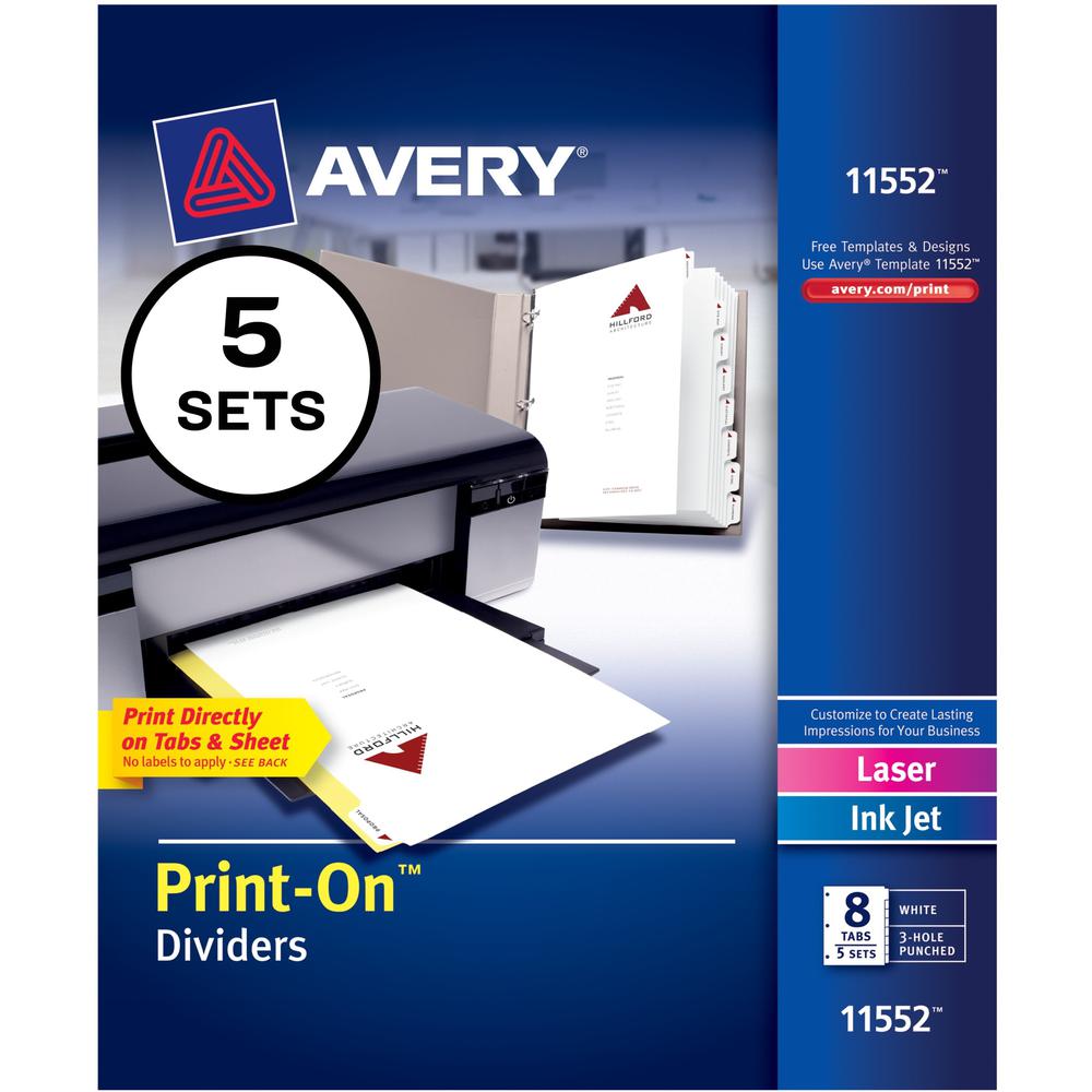 Avery&reg; Customizable Print-On Dividers - 40 x Divider(s) - Print-on Tab(s) - 8 - 8 Tab(s)/Set - 8.5" Divider Width x 11" Divider Length - 3 Hole Punched - White Paper Divider - White Paper Tab(s) -