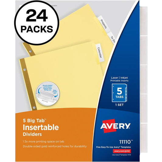 Avery&reg; Big Tab Insertable Dividers - 120 x Divider(s) - 5 Tab(s) - 5 - 5 Tab(s)/Set - 8.5" Divider Width x 11" Divider Length - Letter - 3 Hole Punched - Buff Paper Divider - Clear Plastic Tab(s)