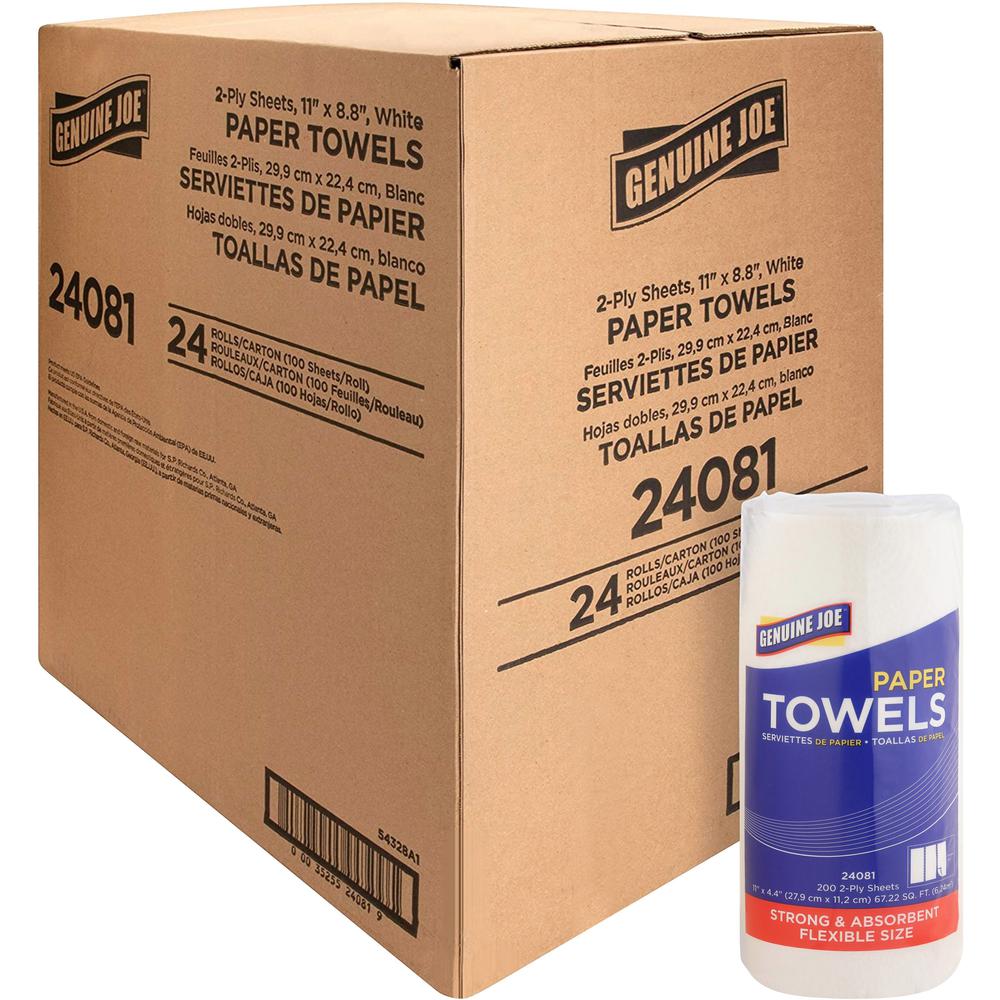 Genuine Joe Kitchen Roll Flexible Size Towels - 2 Ply - 1.63" Core - White - Flexible, Perforated, Absorbent, Soft - For Kitchen, Multipurpose, Breakroom - 24 / Carton