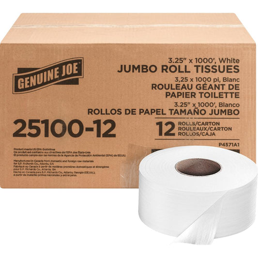 Genuine Joe Jumbo Roll Bath Tissues - 2 Ply - 3.25" x 1000 ft - 9" Roll Diameter - 3.30" Core - White - Nonperforated, Unscented - 12 / Carton