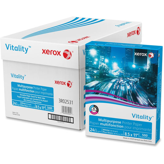 Xerox Vitality Multipurpose Printer Paper - 92 Brightness - Letter - 8 1/2" x 11" - 24 lb Basis Weight - 5000 / Carton - Sustainable Forestry Initiative (SFI) - Jam-free, Low Dusting, Precision-cut Ed