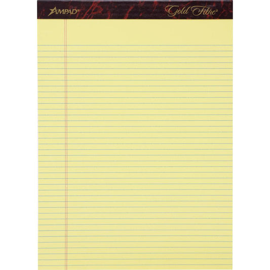 Ampad Gold Fibre Narrow Rule Writing Pads - 50 Sheets - Watermark - Stapled/Glued - 0.25" Ruled - 16 lb Basis Weight - Letter - 8 1/2" x 11 3/4" - Canary Yellow Paper - Micro Perforated, Bleed-free, C