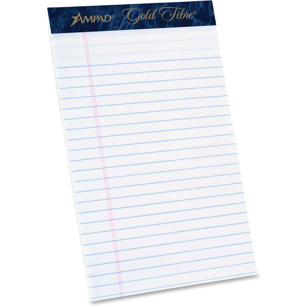 TOPS Ampad Gold Fibre Medium Rule Premium Junior Size Writing Pads - 50 Sheets - Watermark - Stapled/Glued - 16 lb Basis Weight - 5" x 8" - White Paper - Dark Blue Binding - Micro Perforated, Bleed-fr