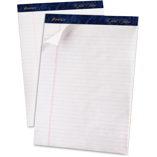 TOPS Gold Fibre Ruled Perforated Writing Pads - Letter - 50 Sheets - Watermark - Stapled/Glued - 0.34" Ruled - 16 lb Basis Weight - Letter - 8 1/2" x 11" - Dark Blue Binding - Bleed-free, Micro Perfor