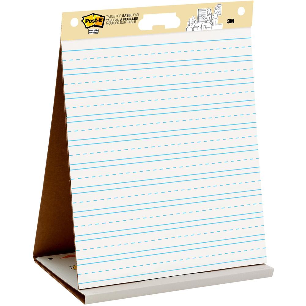 Post-it&reg; Tabletop Easel Pad with Primary Lines - 20 Sheets - Stapled - Primary Blue Margin - 18.50 lb Basis Weight - 20" x 23" - White Paper - Self-stick, Built-in Stand, Foldable, Bleed Resistant