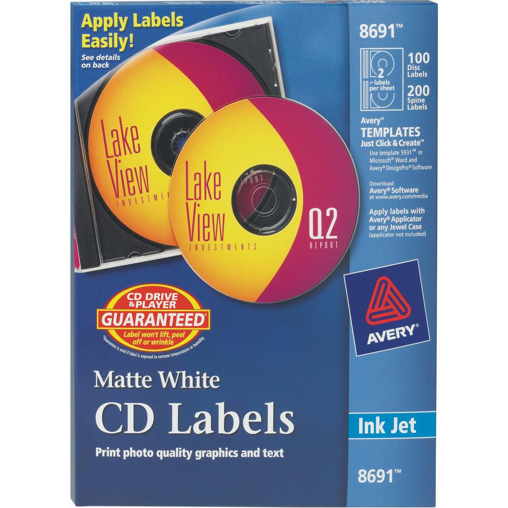 Avery&reg; Clear CD/DVD Inkjet Matte Labels - Matte White - 300 Total Label(s) - 100 / Pack