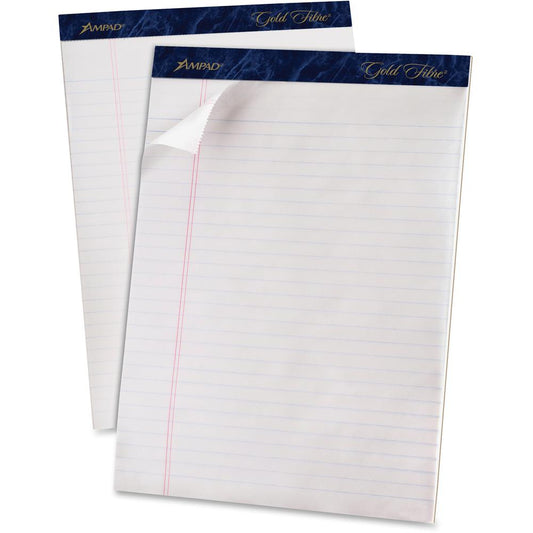 TOPS Gold Fibre Ruled Perforated Writing Pads - Letter - 50 Sheets - Watermark - Stapled/Glued - Front Ruling Surface - 0.34" Ruled - Ruled Margin - 20 lb Basis Weight - Letter - 8 1/2" x 11 3/4" - Wh