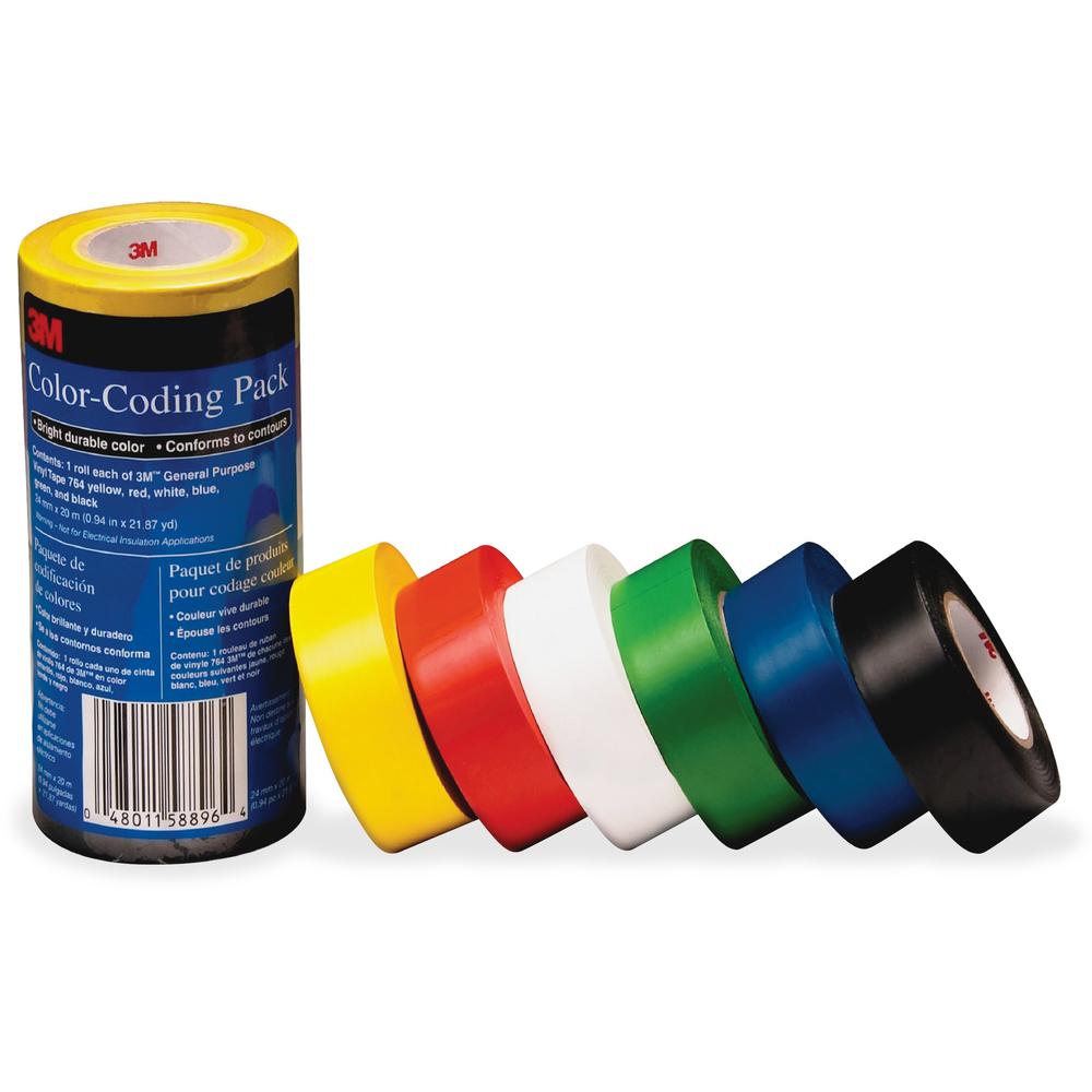 3M Vinyl Tape 764 Color-coding Pack - 21.87 yd Length x 0.94" Width - 5 mil Thickness - Rubber - 4 mil - Polyvinyl Chloride (PVC) Backing - 6 / Pack - Multicolor