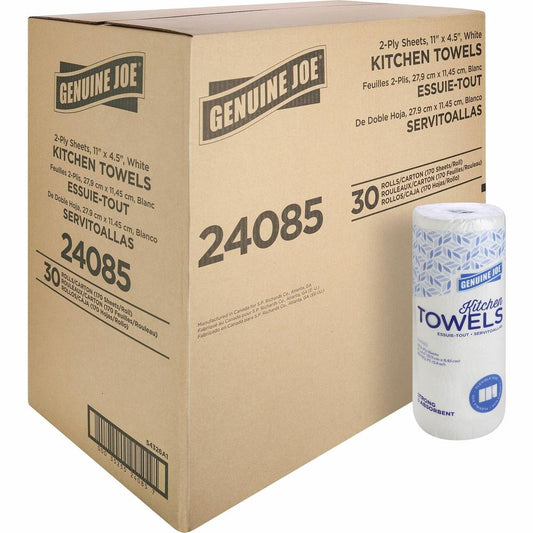 Genuine Joe Kitchen Roll Flexible Size Towels - 2 Ply - 1.63" Core - White - Paper - Flexible, Perforated, Absorbent, Soft - For Kitchen, Multipurpose, Breakroom - 30 / Carton