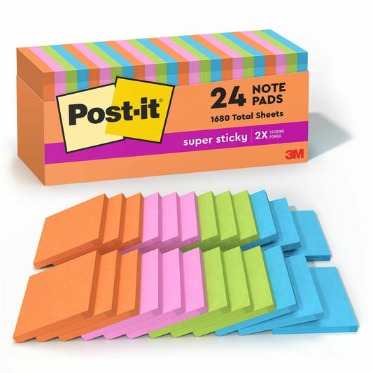 Post-it&reg; Super Sticky Notes - Energy Boost Color Collection - 1680 x Multicolor - 3" x 3" - Square - 70 Sheets per Pad - Vital Orange, Tropical Pink, Sunnyside, Blue Paradise, Limeade - Paper - Se