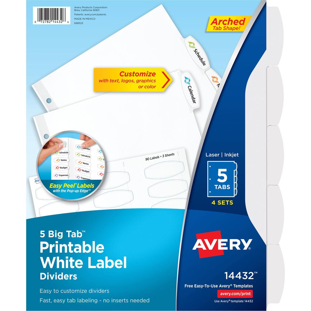 Avery&reg; Big Tab Printable Label Dividers, Easy Peel Labels, 5 Tabs - 20 x Divider(s) - 5 - 5 Tab(s)/Set - 8.5" Divider Width x 11" Divider Length - 3 Hole Punched - White Paper Divider - White Pape