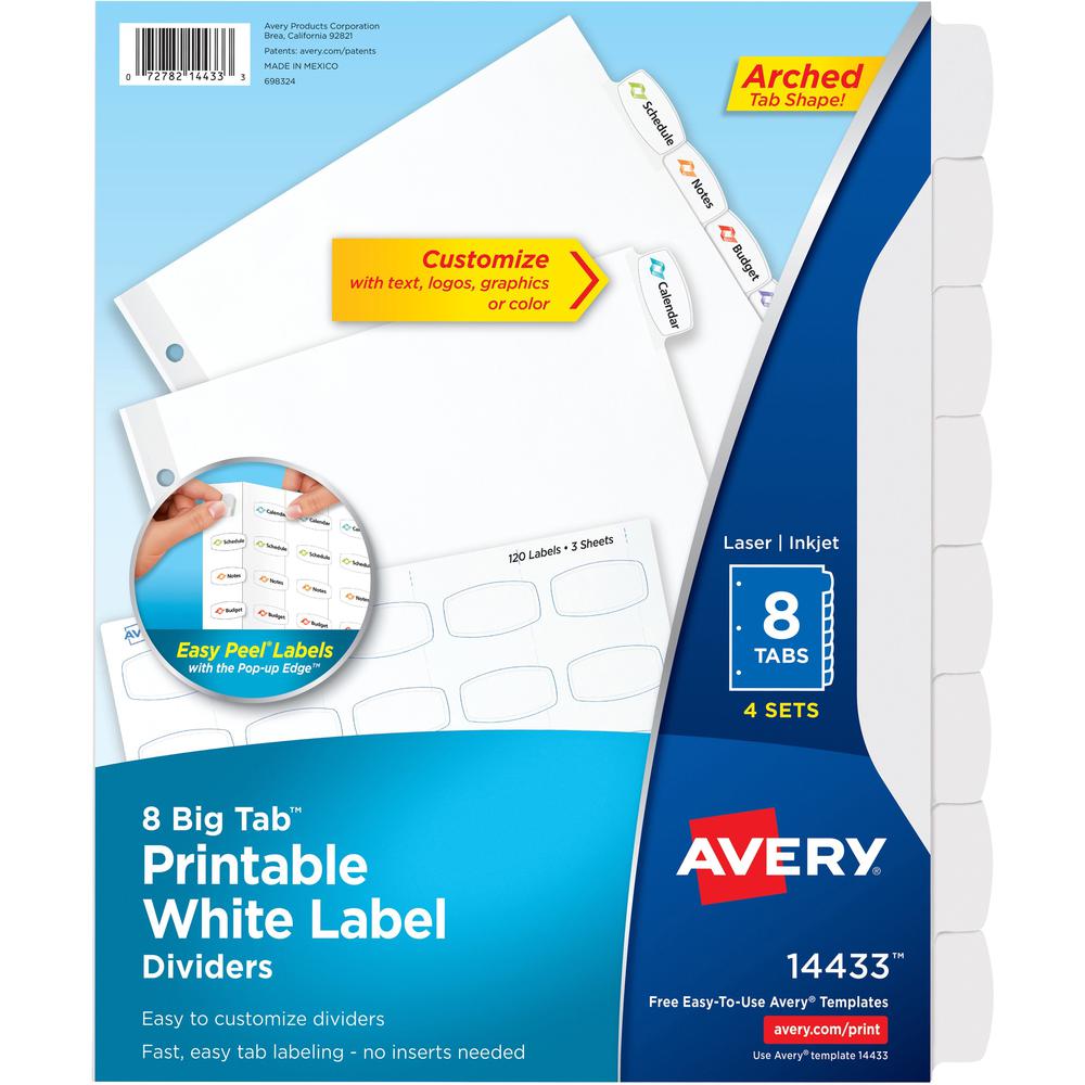 Avery&reg; Big Tab Printable Label Dividers, Easy Peel Labels, 8 Tabs - 32 x Divider(s) - 8 - 8 Tab(s)/Set - 8.5" Divider Width x 11" Divider Length - 3 Hole Punched - White Paper Divider - White Pape