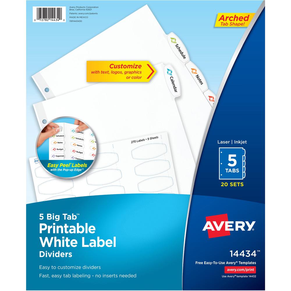 Avery&reg; Big Tab Printable White Label Dividers - 100 x Divider(s) - 5 - 5 Tab(s)/Set - 8.5" Divider Width x 11" Divider Length - 3 Hole Punched - White Paper Divider - White Paper Tab(s) - Recycled