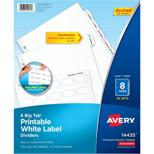 Avery&reg; Big Tab Printable White Label Dividers - 160 x Divider(s) - 8 - 8 Tab(s)/Set - 8.5" Divider Width x 11" Divider Length - 3 Hole Punched - White Paper Divider - White Paper Tab(s) - Recycled