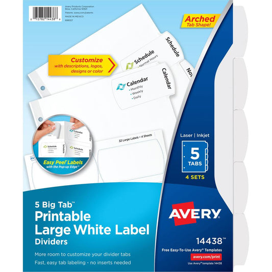 Avery&reg; Big Tab Printable Large White Label Dividers - 20 x Divider(s) - 5 - 5 Tab(s)/Set - 8.5" Divider Width x 11" Divider Length - 3 Hole Punched - White Paper Divider - White Paper Tab(s) - Rec