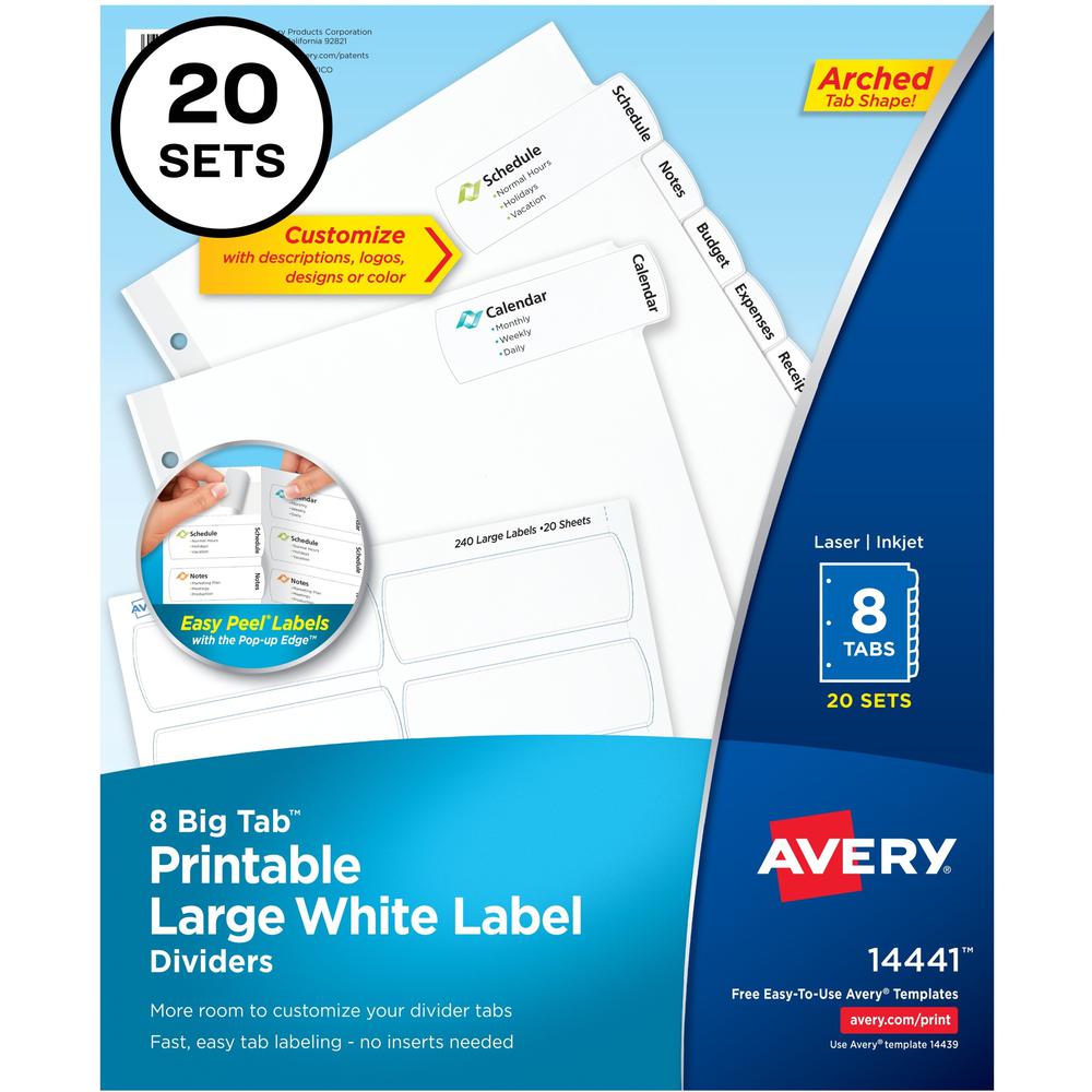 Avery&reg; Big Tab Printable Large White Dividers with Easy Peel, 8 Tabs - 160 x Divider(s) - 8 - 8 Tab(s)/Set - 8.5" Divider Width x 11" Divider Length - 3 Hole Punched - White Paper Divider - White