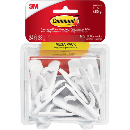 Command Small Utility Hook Mega Pack - 1 lb (453.6 g) Capacity - for Multipurpose - White - 24 / Pack