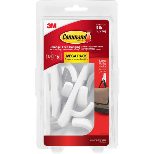 Command Large Utility Hook Mega Pack - 14 Hooks - 14 Large Hook - 5 lb (2.27 kg) Capacity - for Multipurpose, Paint, Wood, Tile - Plastic - White - 14 / Pack