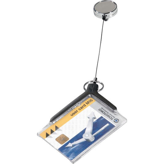 DURABLE&reg; ID Badge Deluxe Holder Retracting Reel - 32" Reach - 2-1/10" x 3-1/4" - Acrylic - Transparent - 10 / Box