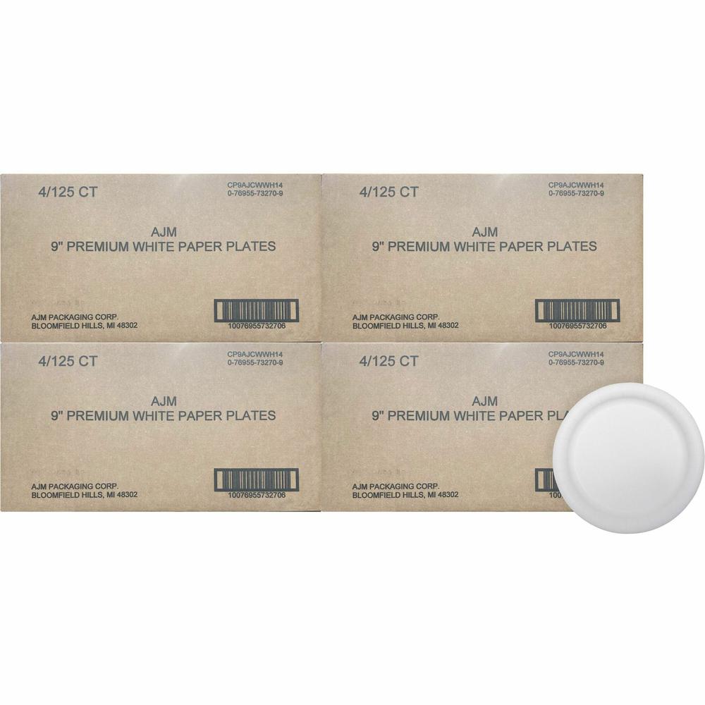 AJM 9" Dinnerware Paper Plates - 125 / Pack - Disposable - White - Paper Body - 4 / Carton