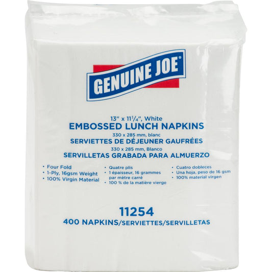 Genuine Joe 1-ply Embossed Lunch Napkins - 1 Ply - Quarter-fold - 13" x 11.25" - White - Embossed, Soft, Versatile - For Lunch Quantity Per Carton - 2400 / Carton