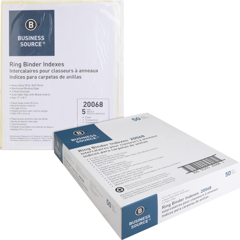 Business Source Buff Stock Ring Binder Indexes - 5 x Divider(s) - Blank Tab(s) - 5 Tab(s)/Set2" Tab Width - 8.5" Divider Width x 11" Divider Length - Letter - 3 Hole Punched - Buff Buff Paper Divider