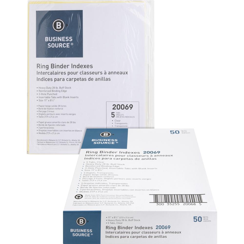 Business Source Buff Stock Ring Binder Indexes - 8 x Divider(s) - Blank Tab(s) - 8 Tab(s)/Set1.25" Tab Width - 8.5" Divider Width x 11" Divider Length - Letter - 3 Hole Punched - Clear Buff Paper Divi