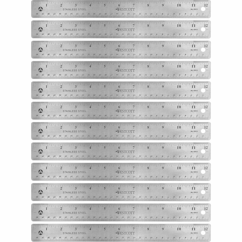 Westcott Stainless Steel Rulers - 12" Length 1" Width - 1/16, 1/32 Graduations - Metric, Imperial Measuring System - Stainless Steel - 12 / Box - Stainless Steel