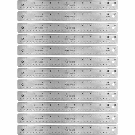 Westcott Stainless Steel Rulers - 12" Length 1" Width - 1/16, 1/32 Graduations - Metric, Imperial Measuring System - Stainless Steel - 12 / Box - Stainless Steel