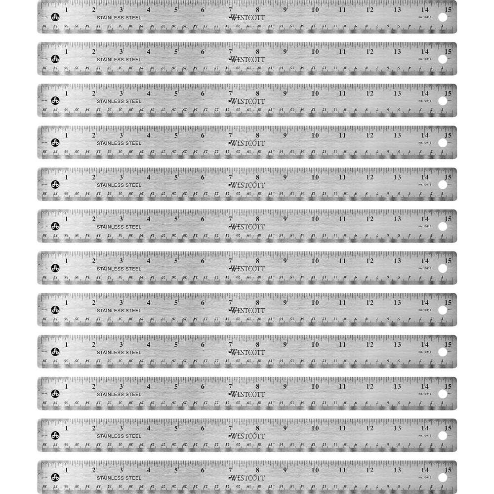 Westcott Stainless Steel Rulers - 15" Length 1" Width - 1/16, 1/32 Graduations - Metric, Imperial Measuring System - Stainless Steel - 12 / Box - Stainless Steel