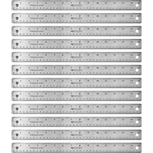 Westcott Stainless Steel Rulers - 15" Length 1" Width - 1/16, 1/32 Graduations - Metric, Imperial Measuring System - Stainless Steel - 12 / Box - Stainless Steel