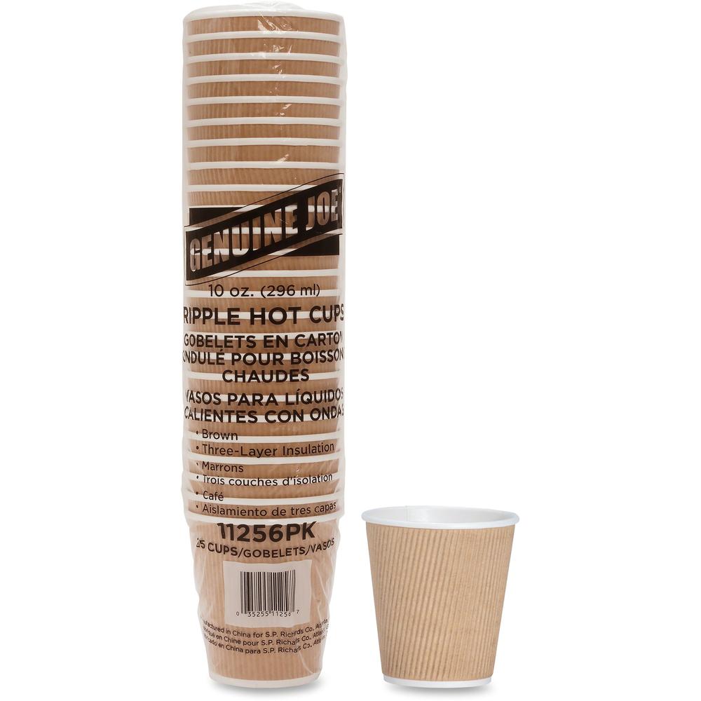 Genuine Joe 10 oz Rippled Hot Cups - 25.0 / Pack - 5 / Bundle - Brown - Hot Drink, Beverage