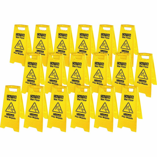 Genuine Joe Universal Graphic Wet Floor Sign - 3 / Bundle - Wet Floor Print/Message - Foldable - Yellow