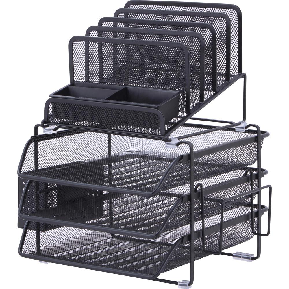 Lorell Divided 4-tier Desktop Organizer - 4 Tier(s) - 15.8" Height x 12.9" Width x 14.4" DepthDesktop - Black - Plastic, Mesh - 1 Each